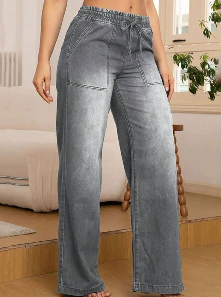 Women's Elasticated Drawstring Wide-Leg Jeans - Grey