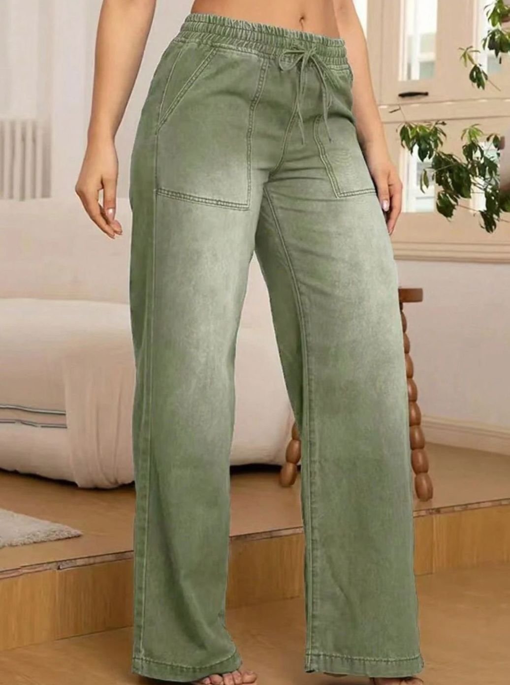 Women's Elasticated Drawstring Wide-Leg Jeans - Green