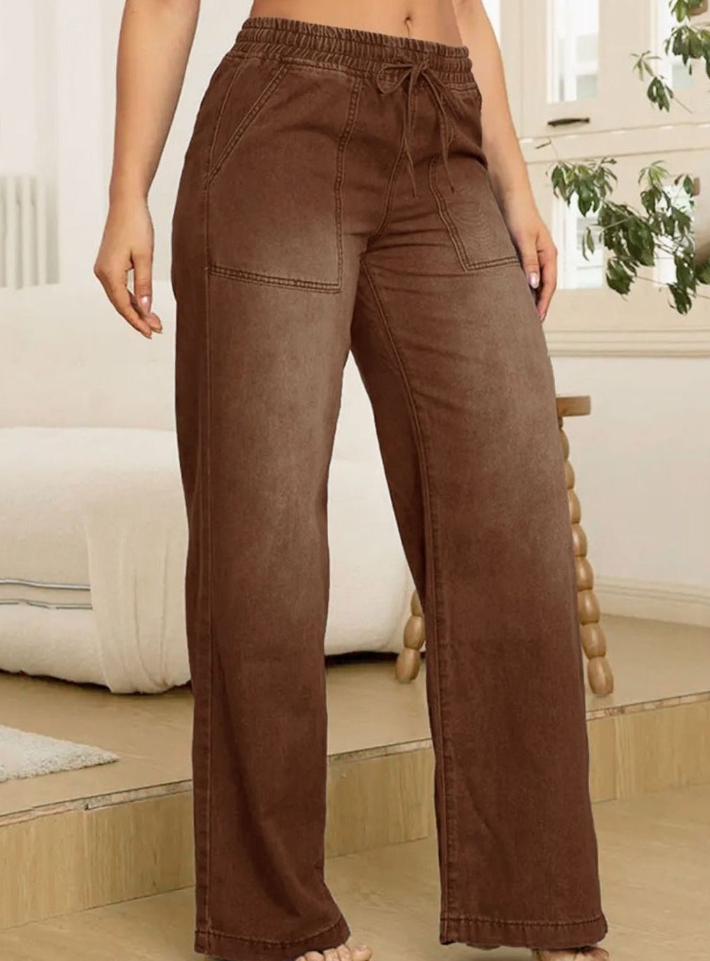 Women's Elasticated Drawstring Wide-Leg Jeans - Coffee