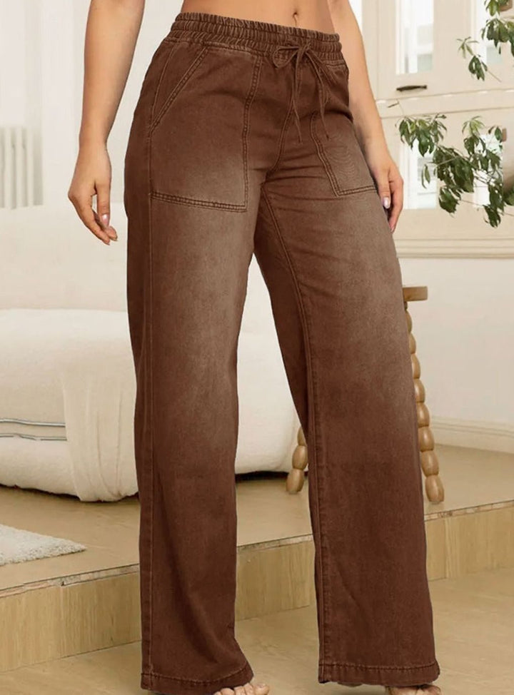 Women's Elasticated Drawstring Wide-Leg Jeans - Coffee