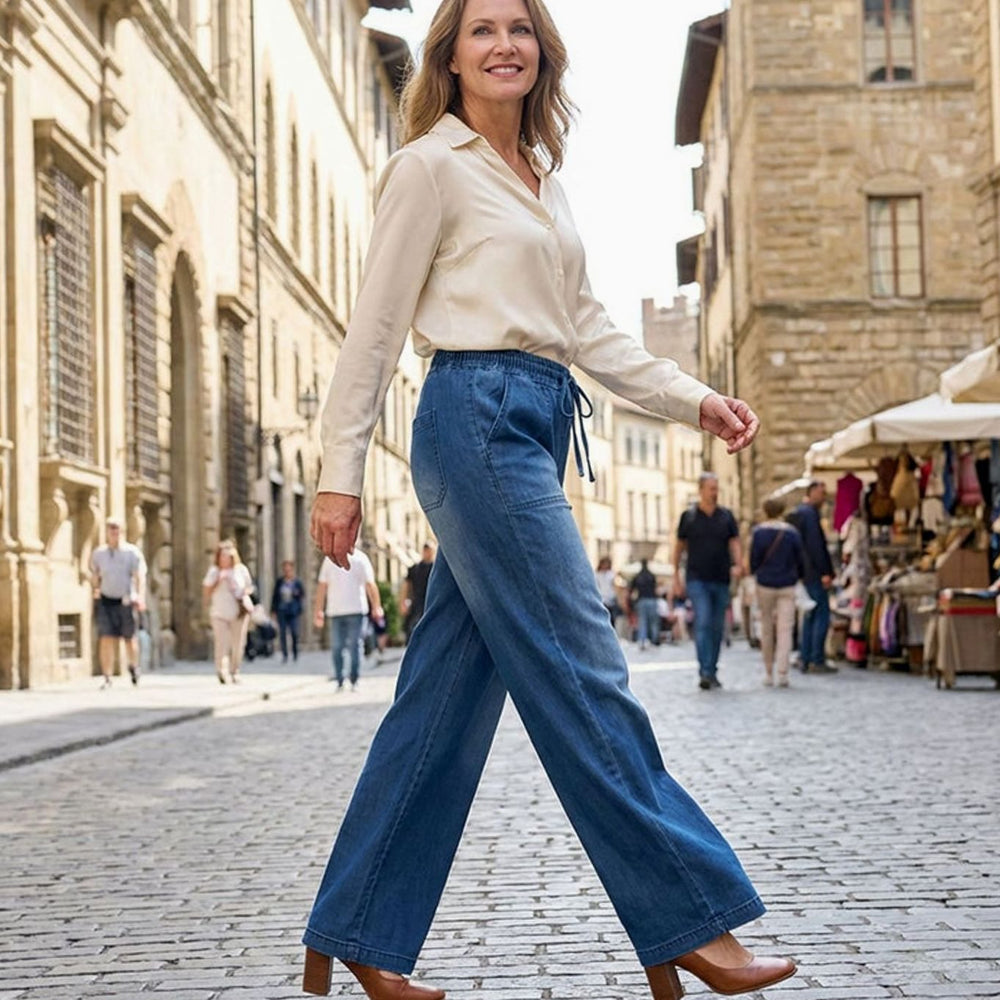 Women's Elasticated Drawstring Wide-Leg Jeans