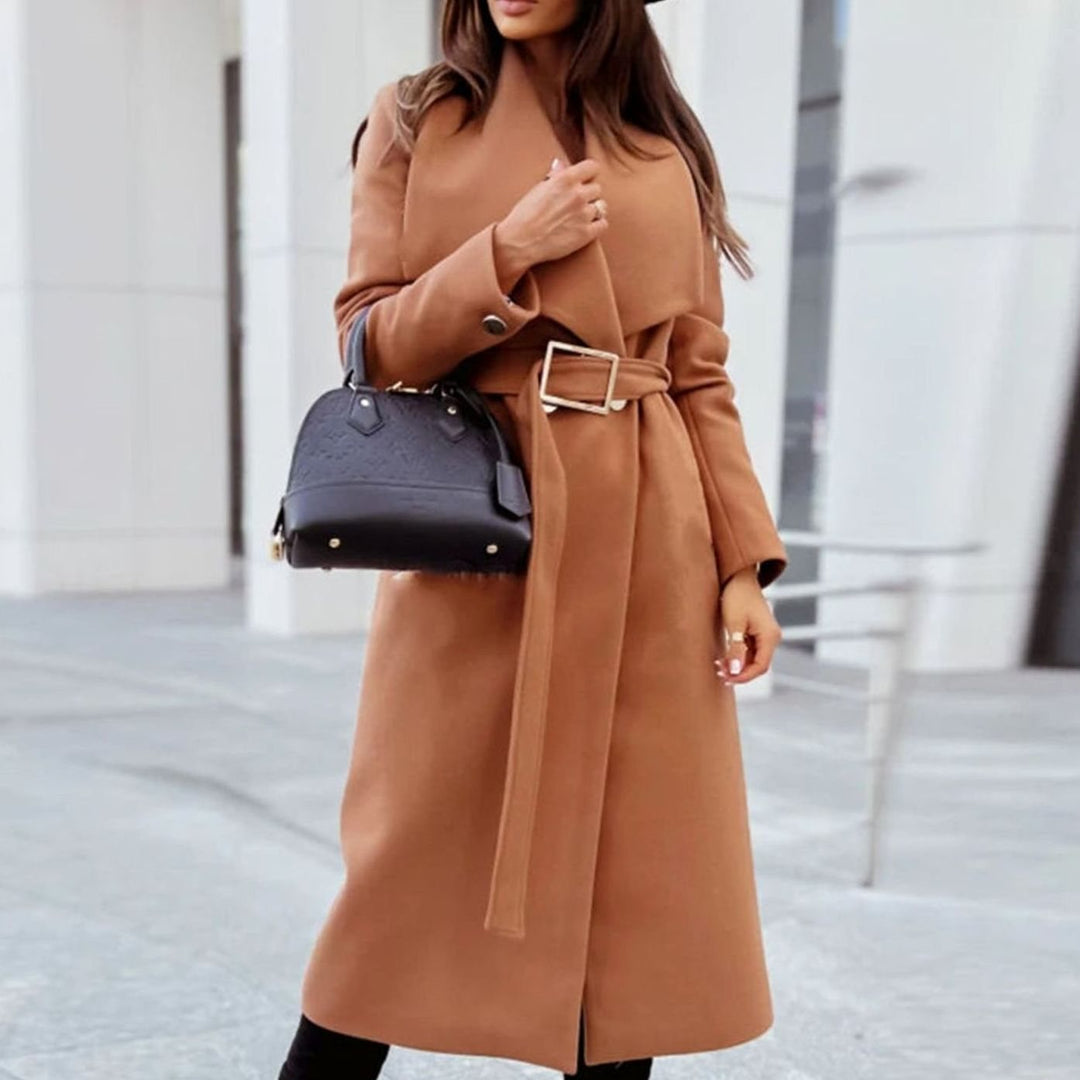 Women's Elegant Belted Trench Coat Long V-Neck Overcoat, Camel