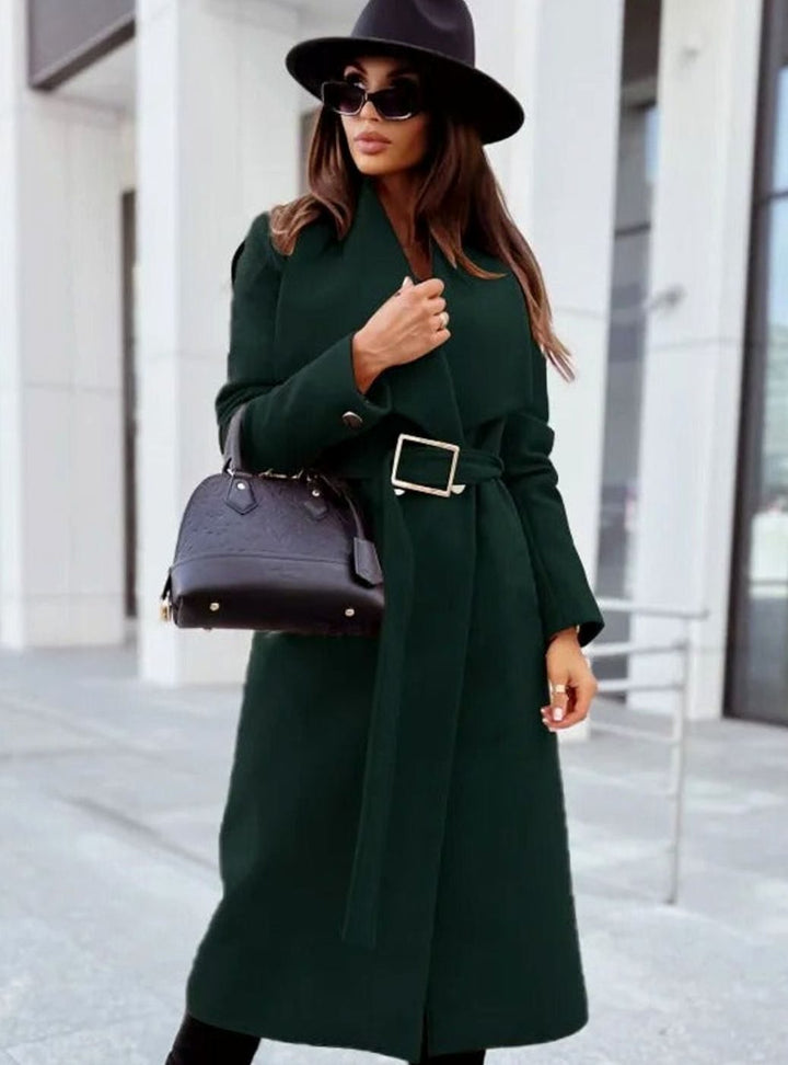 Women's Elegant Belted Trench Coat Long V-Neck Overcoat, Camel