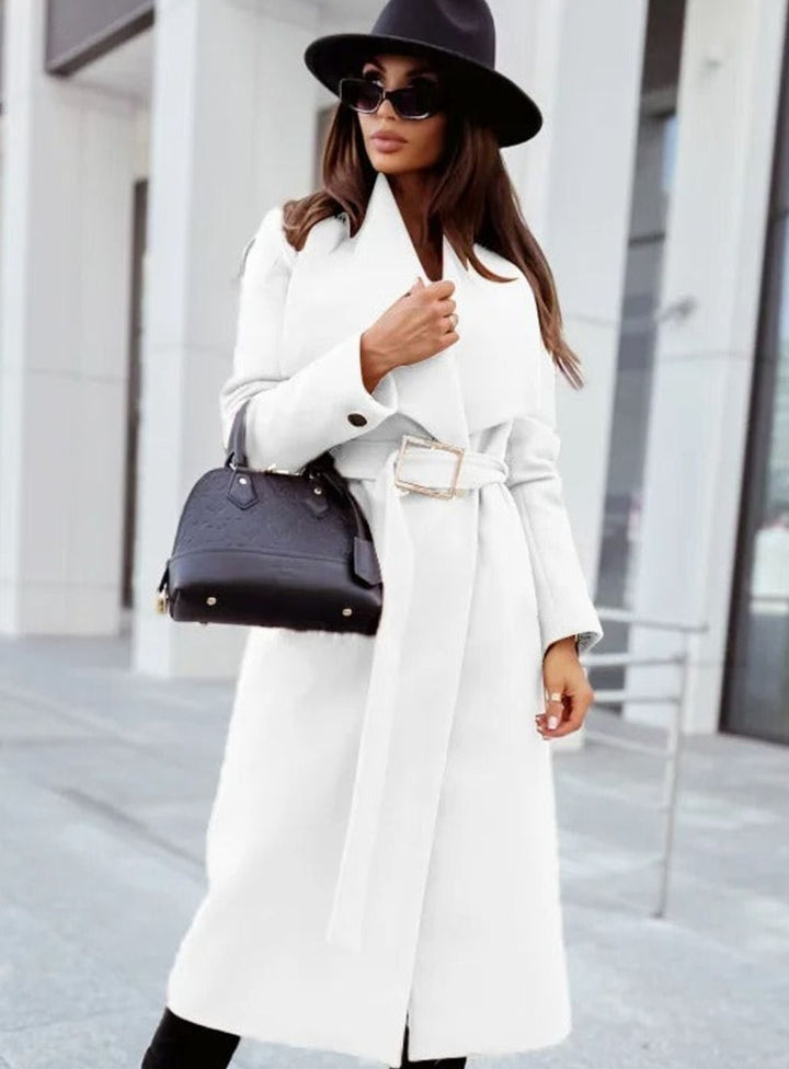 Women's Elegant Belted Trench Coat Long V-Neck Overcoat, Camel - White