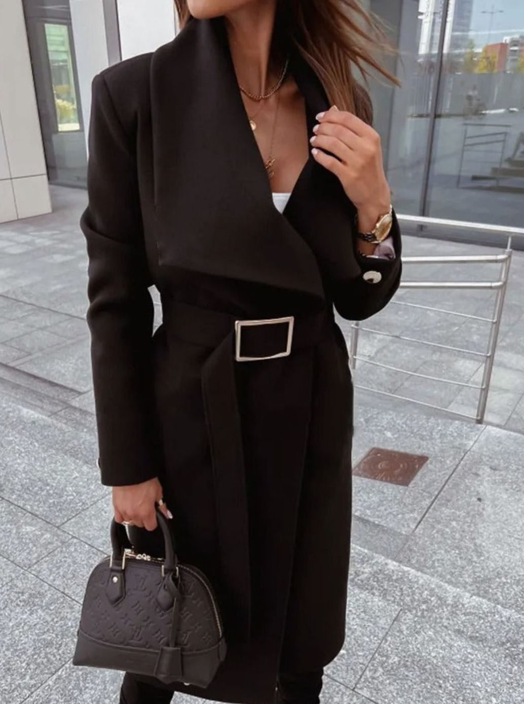 Women's Elegant Belted Trench Coat Long V-Neck Overcoat, Camel - Black