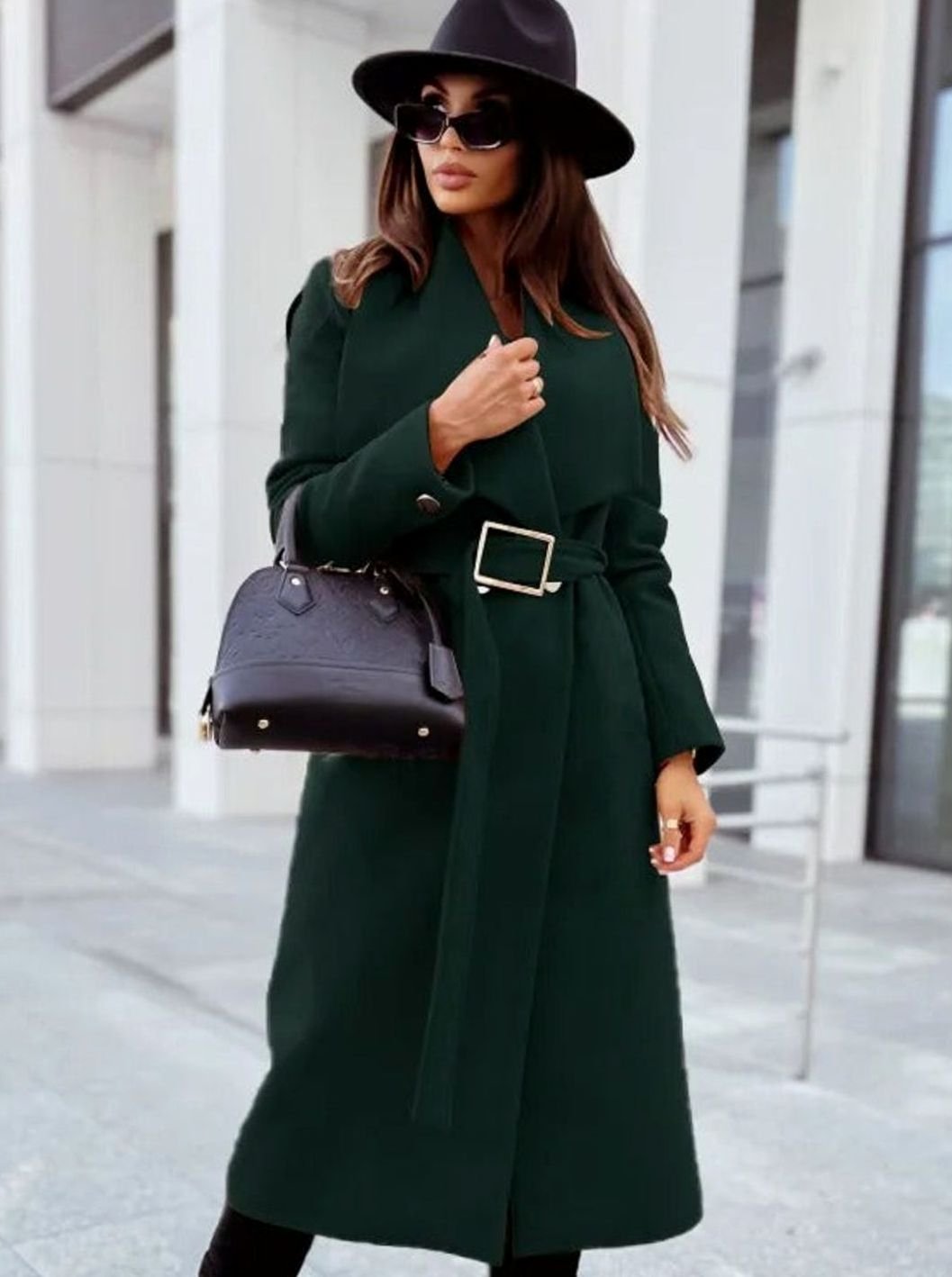 Women's Elegant Belted Trench Coat Long V-Neck Overcoat, Camel - Dark Green