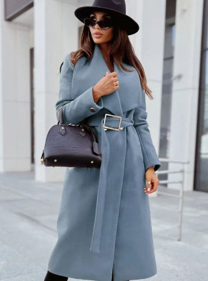 Women's Elegant Belted Trench Coat Long V-Neck Overcoat, Camel - Blue