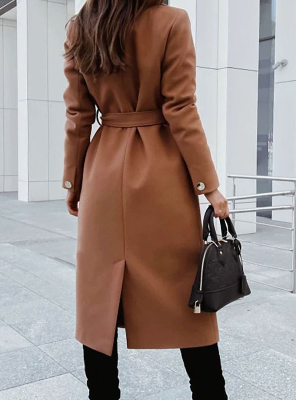 Women's Elegant Belted Trench Coat Long V-Neck Overcoat, Camel