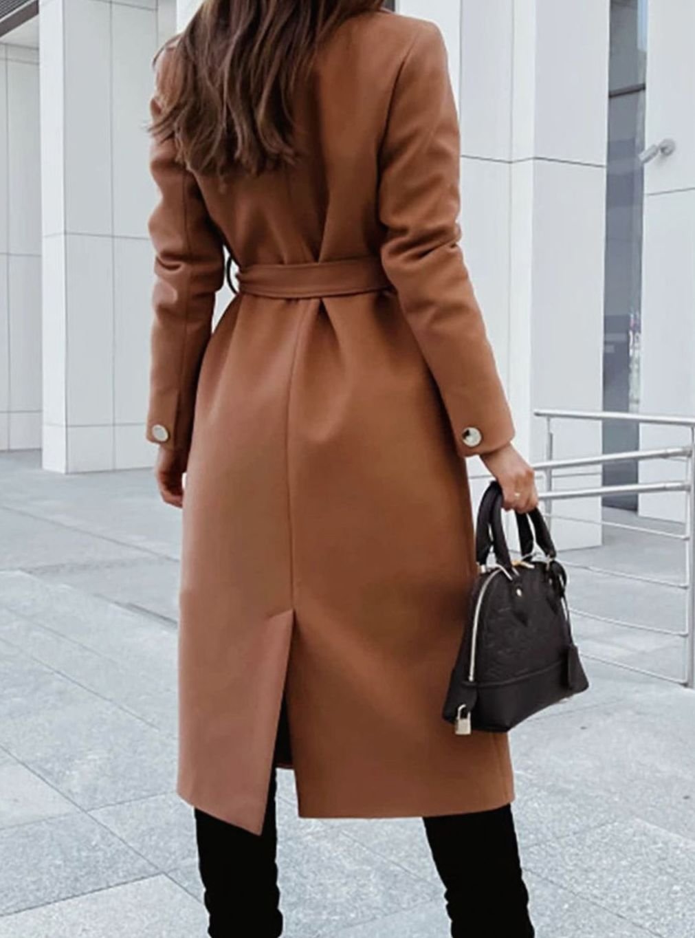 Women's Elegant Belted Trench Coat Long V-Neck Overcoat, Camel