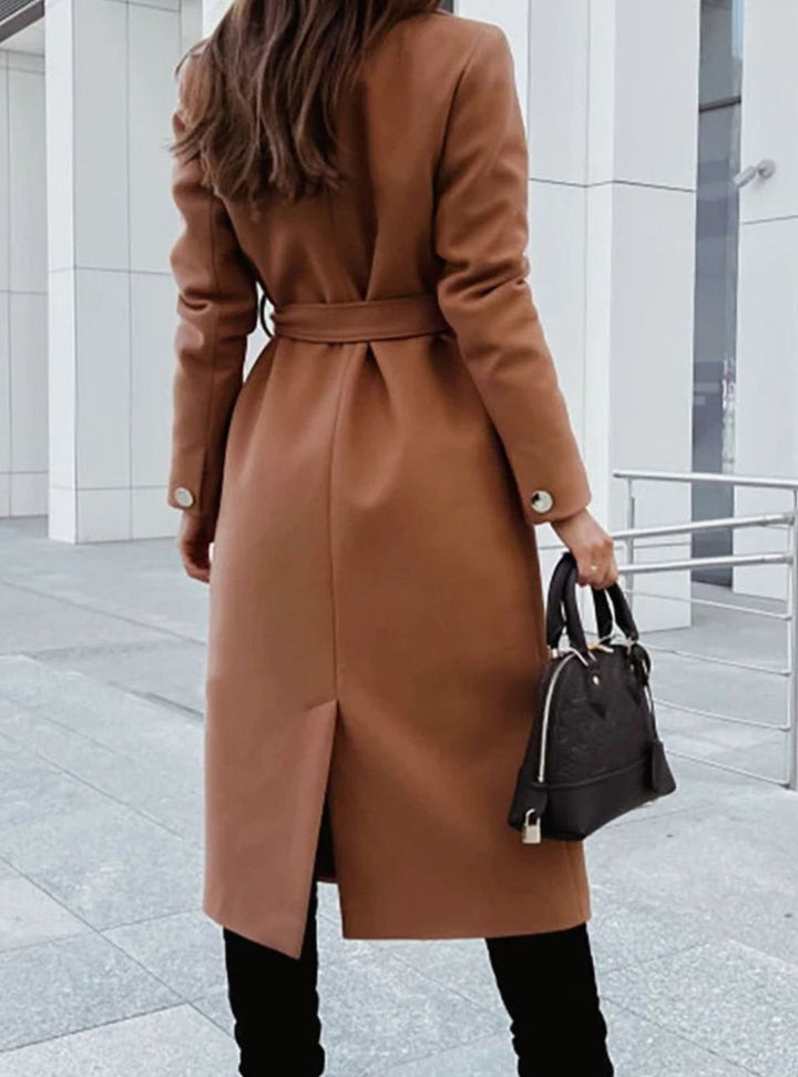 Women's Elegant Belted Trench Coat Long V-Neck Overcoat, Camel