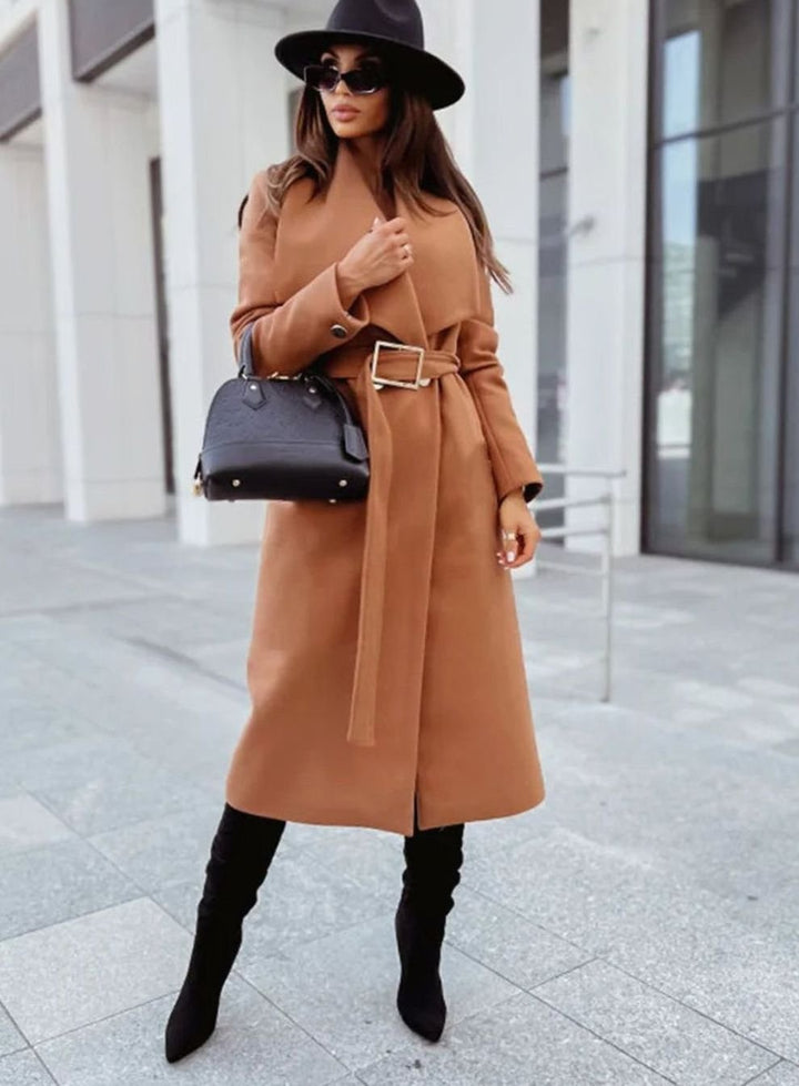 Women's Elegant Belted Trench Coat Long V-Neck Overcoat, Camel - Khaki