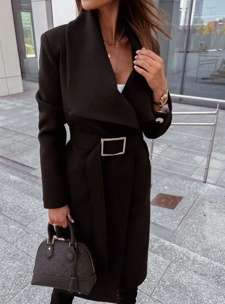 Women's Elegant Belted Trench Coat Long V-Neck Overcoat, Camel