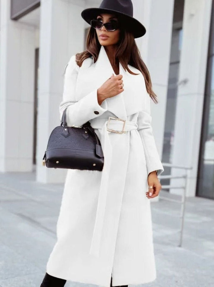 Women's Elegant Belted Trench Coat Long V-Neck Overcoat, Camel