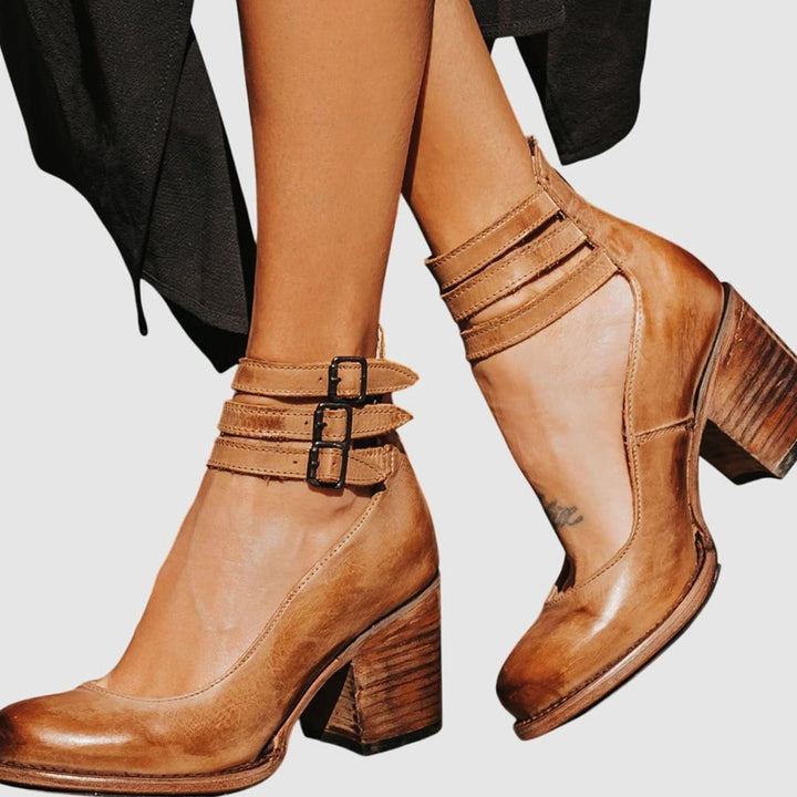 Women's Elegant Block-Heel Double-Buckle Ankle Strap Heels - Light Brown