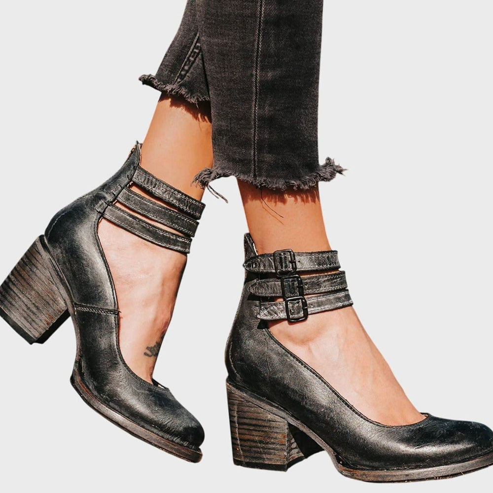 Women's Elegant Block-Heel Double-Buckle Ankle Strap Heels - Black