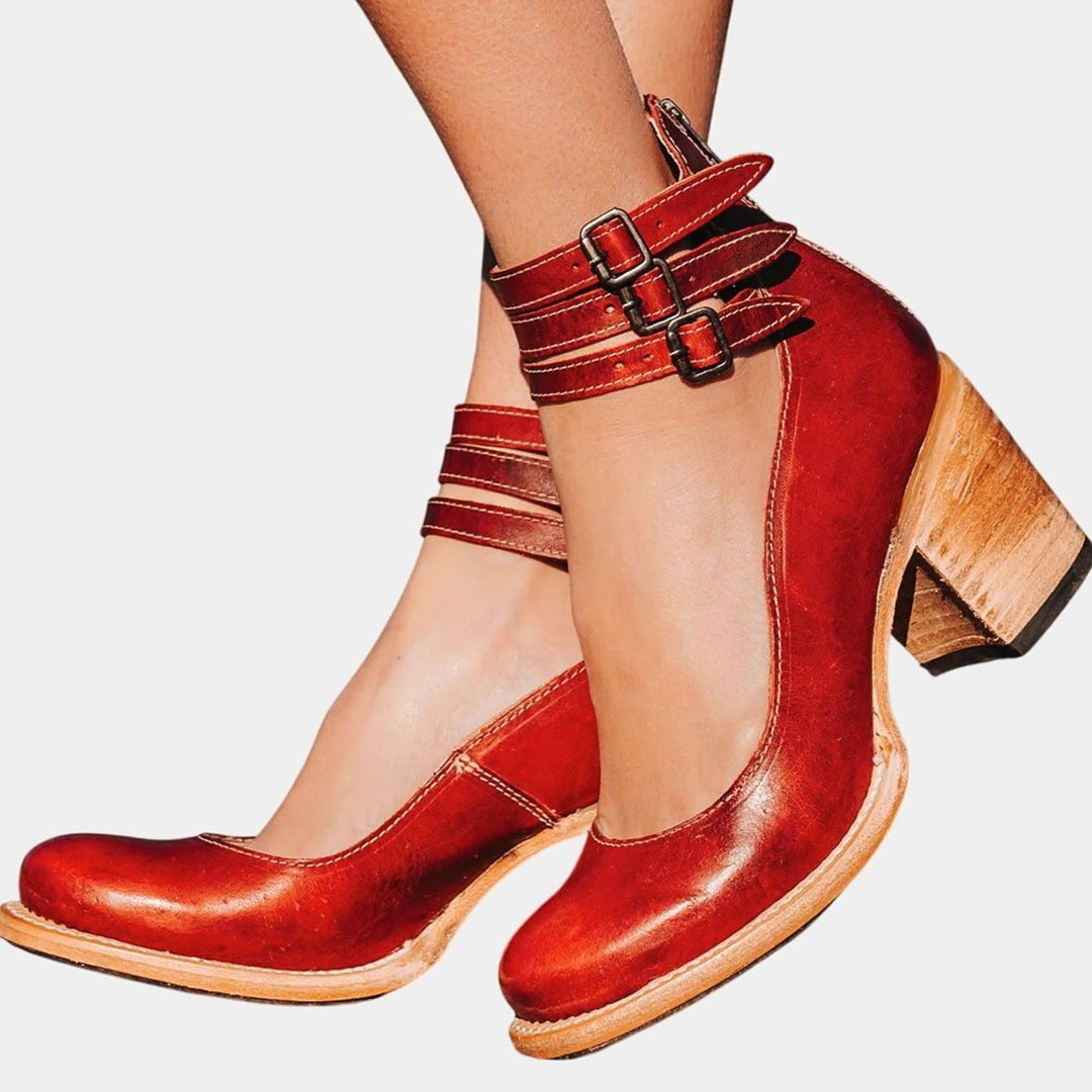 Women's Elegant Block-Heel Double-Buckle Ankle Strap Heels - Red