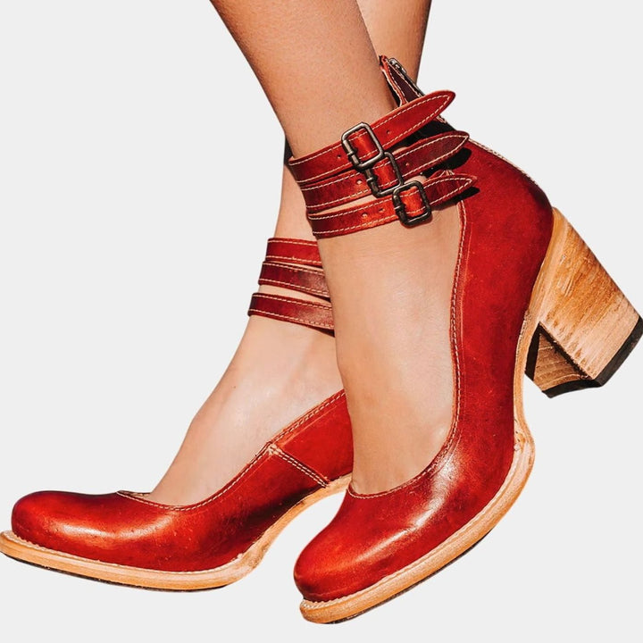 Women's Elegant Block-Heel Double-Buckle Ankle Strap Heels - Red
