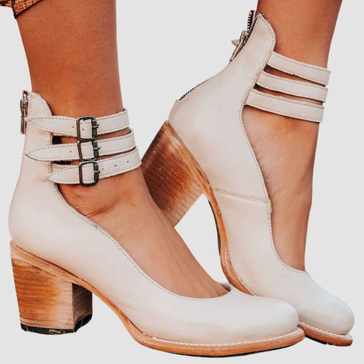 Women's Elegant Block-Heel Double-Buckle Ankle Strap Heels - White