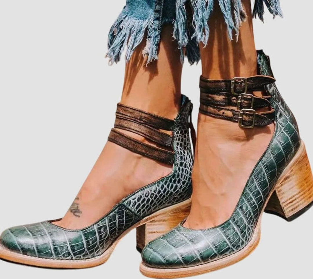 Women's Elegant Block-Heel Double-Buckle Ankle Strap Heels - Green Snake Print