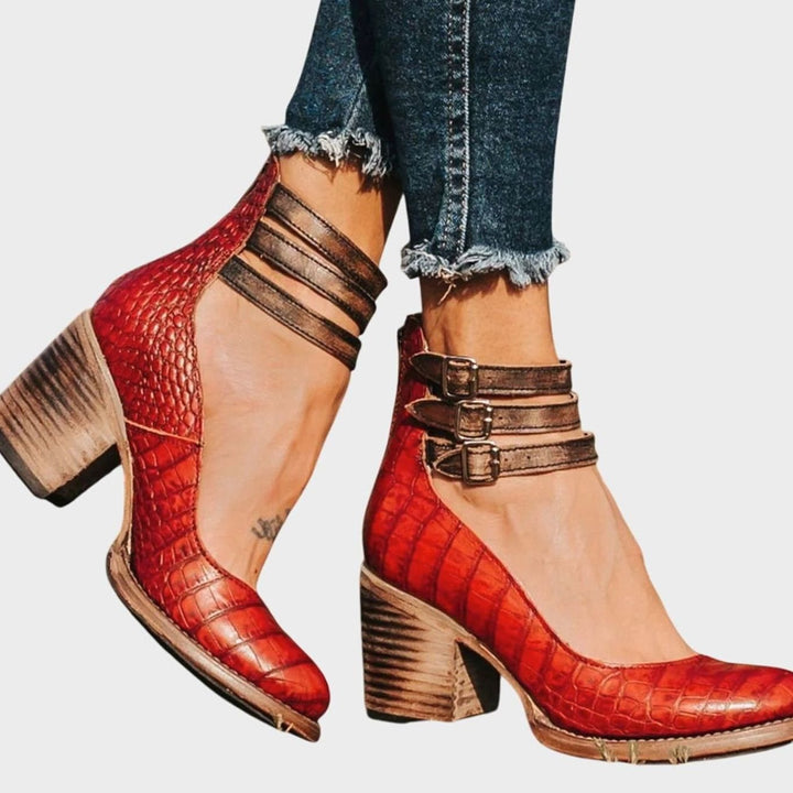 Women's Elegant Block-Heel Double-Buckle Ankle Strap Heels - Red Snake Print