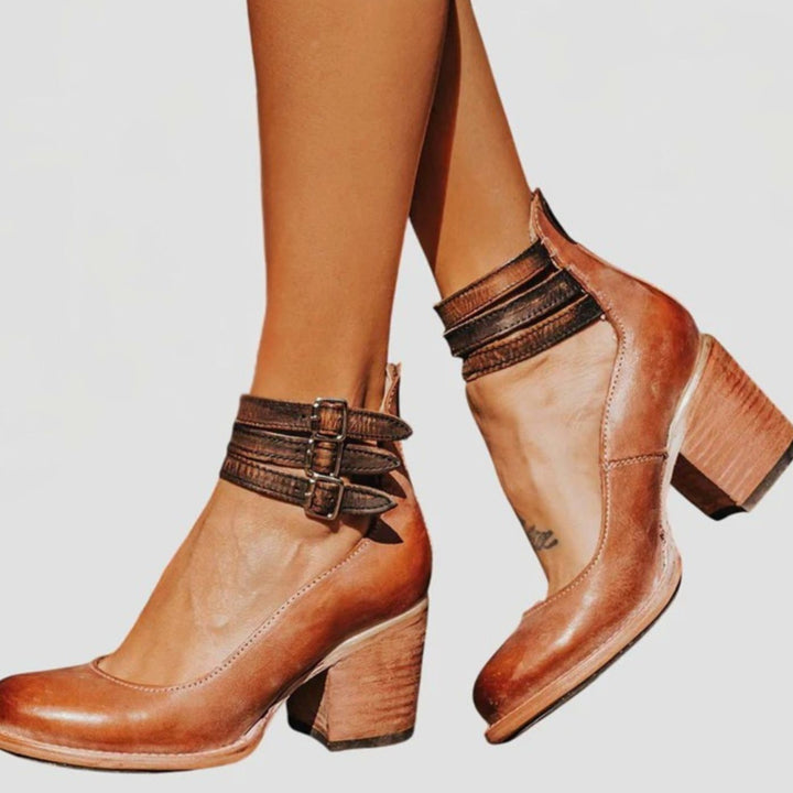 Women's Elegant Block-Heel Double-Buckle Ankle Strap Heels - Dark Brown