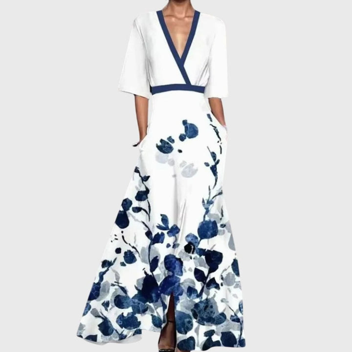 Women's Elegant Floral Formal Maxi Dress V-Neck Flared Skirt - White