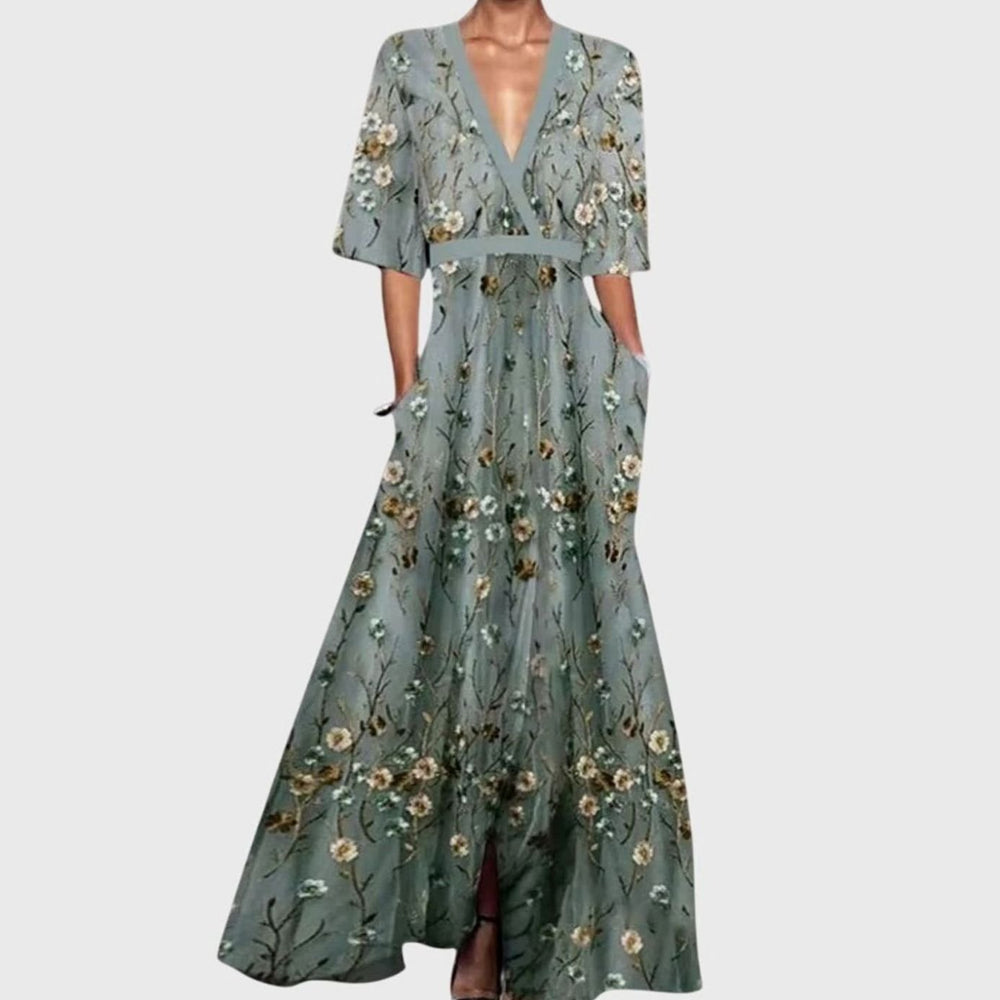 Women's Elegant Floral Formal Maxi Dress V-Neck Flared Skirt - Green