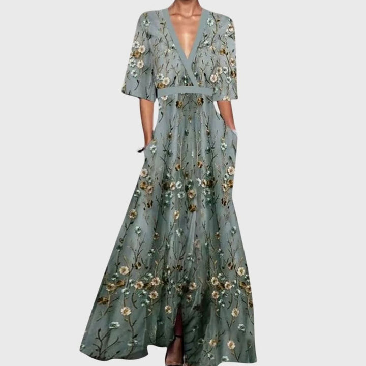 Women's Elegant Floral Formal Maxi Dress V-Neck Flared Skirt - Green