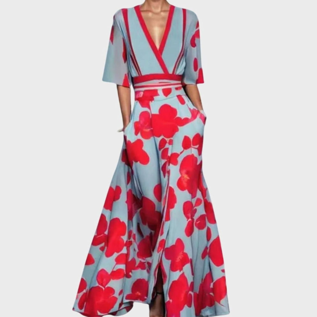 Women's Elegant Floral Formal Maxi Dress V-Neck Flared Skirt - Red