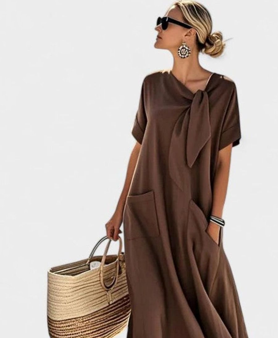 Women's Elegant Flowy Maxi Dress Neck Tie Pockets - Brown