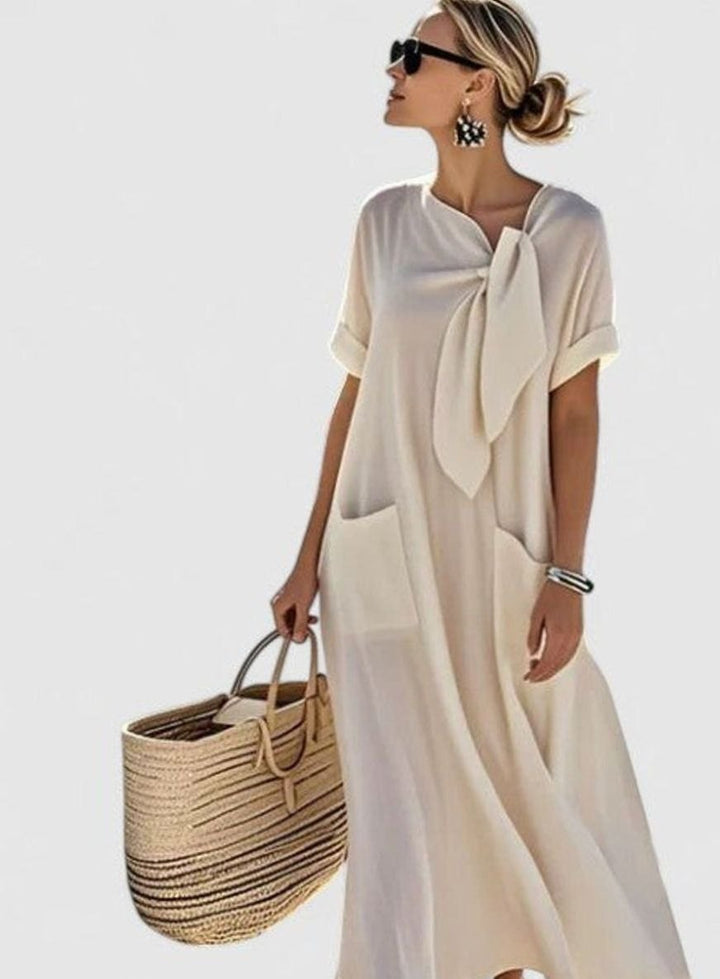 Women's Elegant Flowy Maxi Dress Neck Tie Pockets - Beige