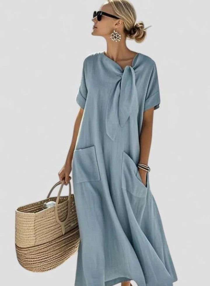 Women's Elegant Flowy Maxi Dress Neck Tie Pockets - Blue