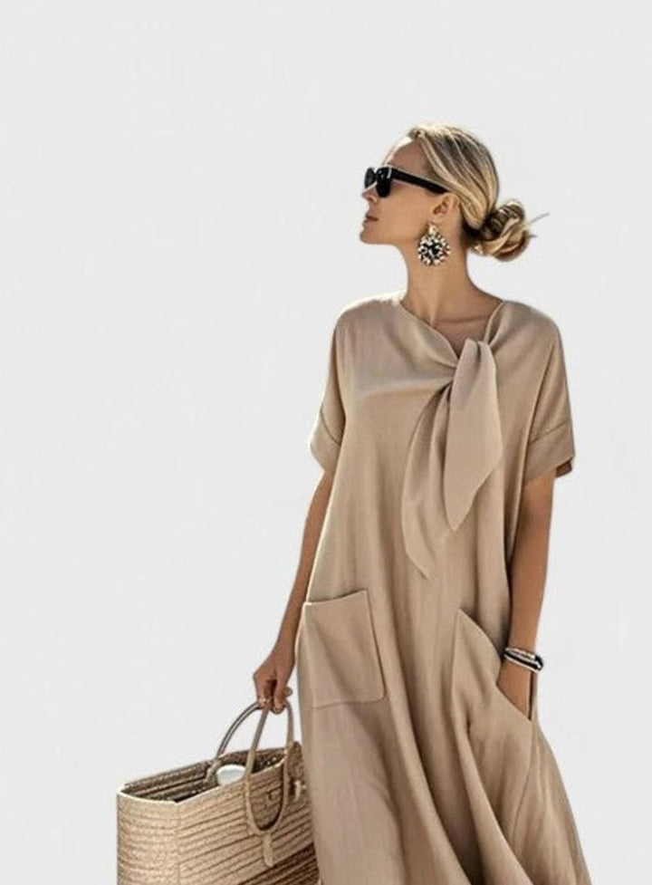 Women's Elegant Flowy Maxi Dress Neck Tie Pockets - Khaki