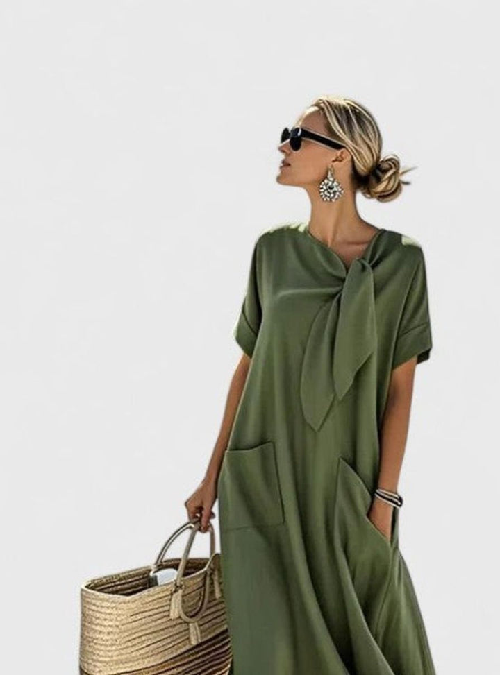 Women's Elegant Flowy Maxi Dress Neck Tie Pockets - Army Green