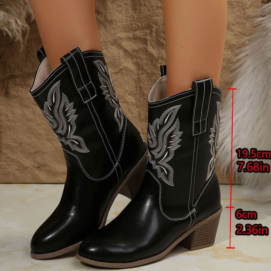 Women's Embroidered Western Mid-Calf Block Heel Cowboy Boots