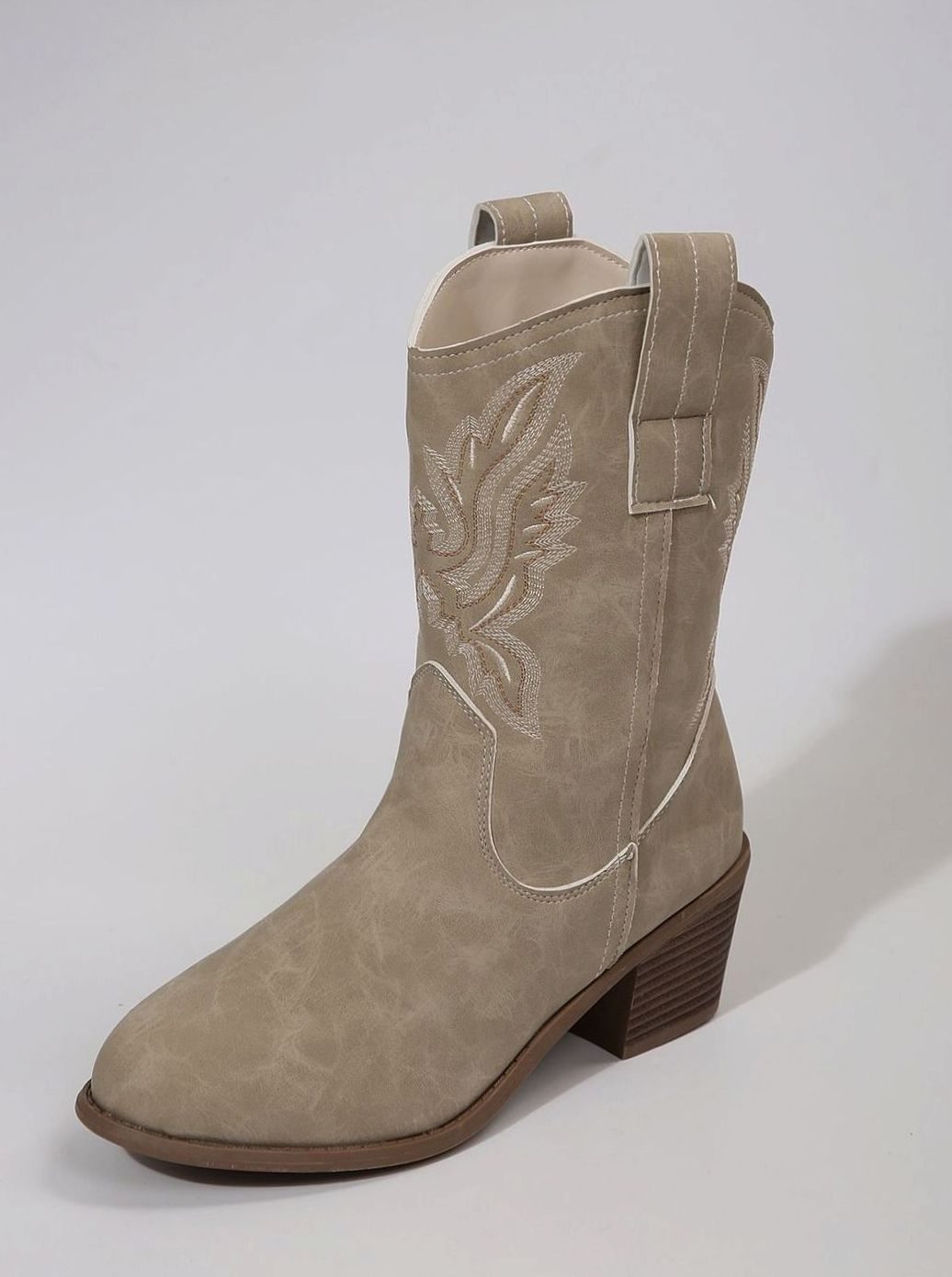 Women's Embroidered Western Mid-Calf Block Heel Cowboy Boots - Ecru