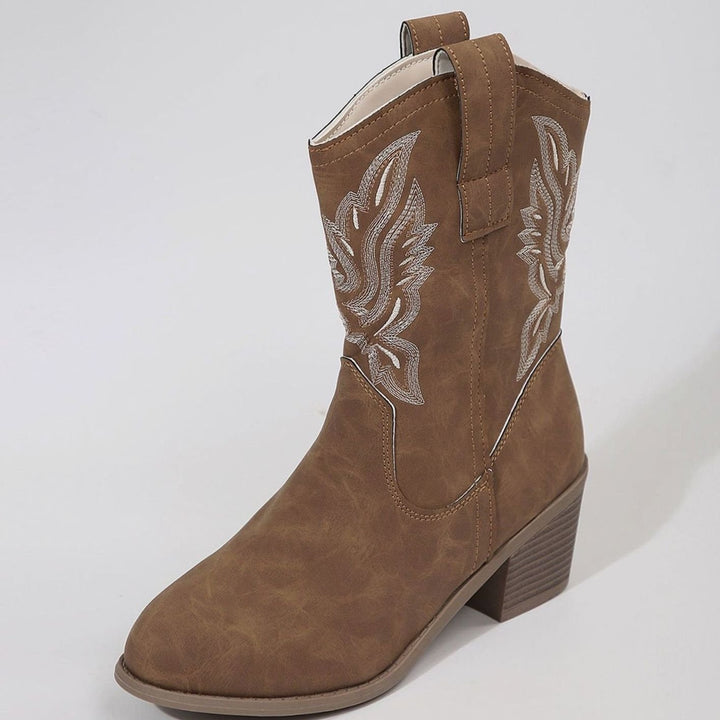 Women's Embroidered Western Mid-Calf Block Heel Cowboy Boots - Dark Brown