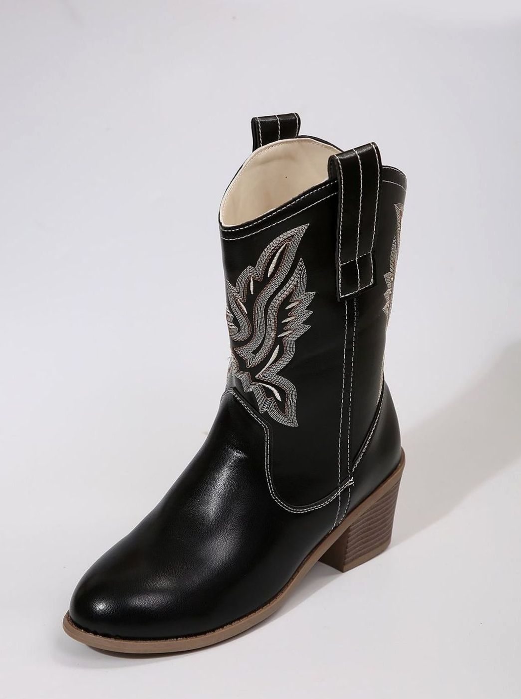 Women's Embroidered Western Mid-Calf Block Heel Cowboy Boots - Black