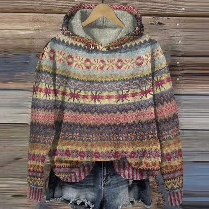 Women's Ethnic Fair Isle Hooded Knitted Jumper - Brown