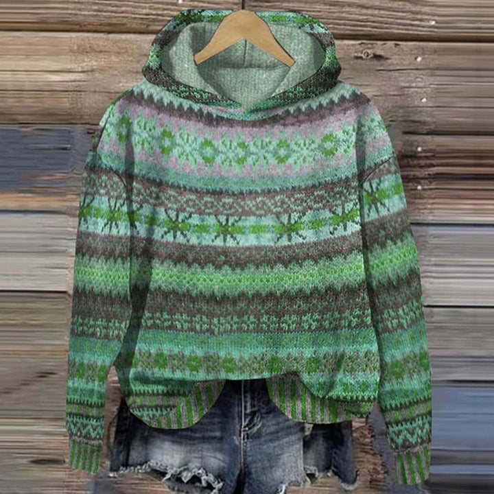 Women's Ethnic Fair Isle Hooded Knitted Jumper - Green