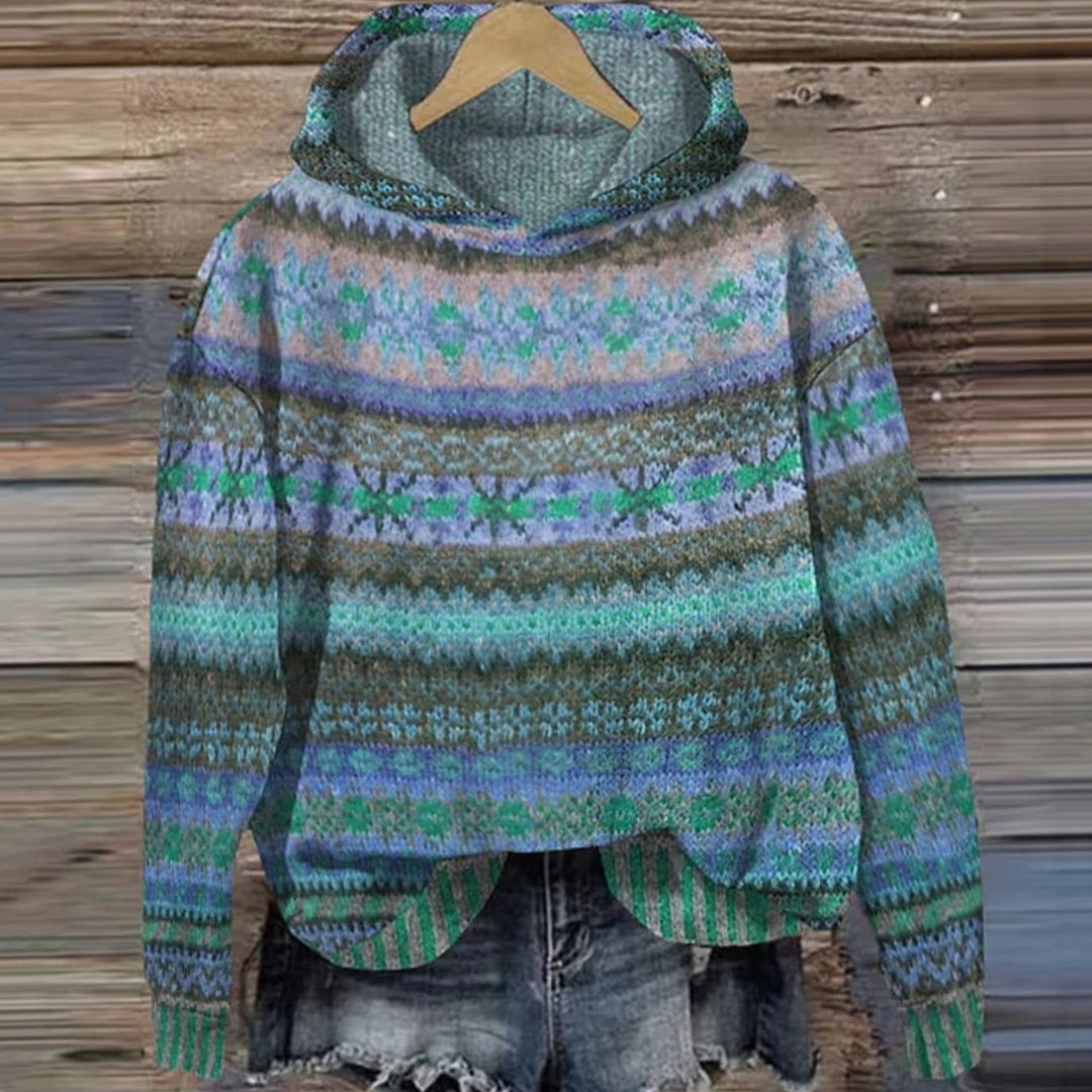 Women's Ethnic Fair Isle Hooded Knitted Jumper - Blue