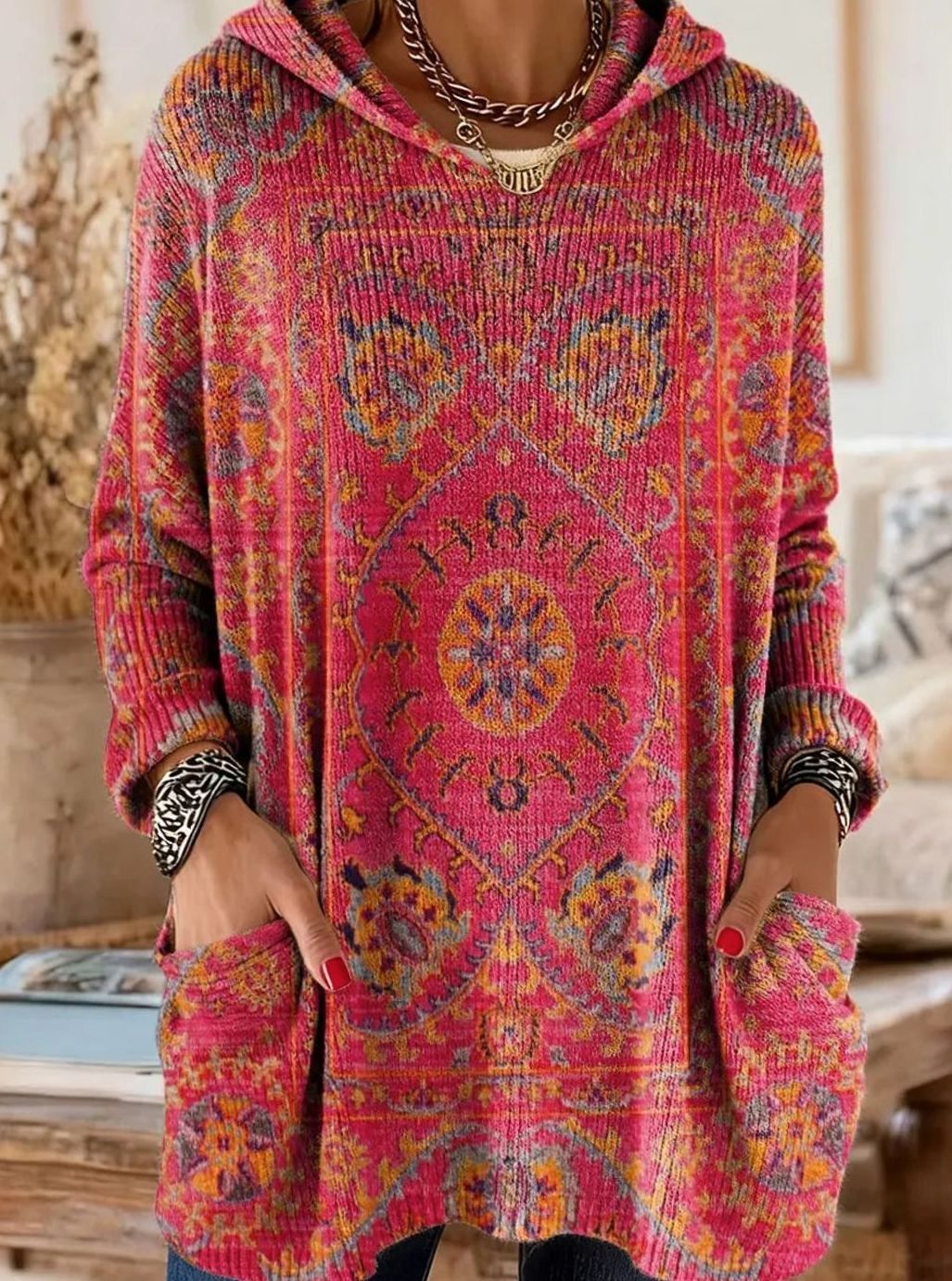 Women's Ethnic Print Hooded Knitted Jumper Tunic with Pockets - Rose