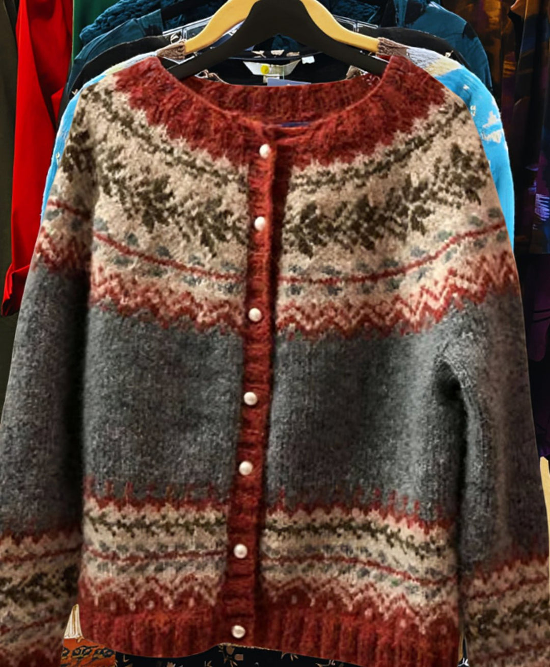 Women's Fair Isle Button-Up Knitted Jumper Cardigan, Grey