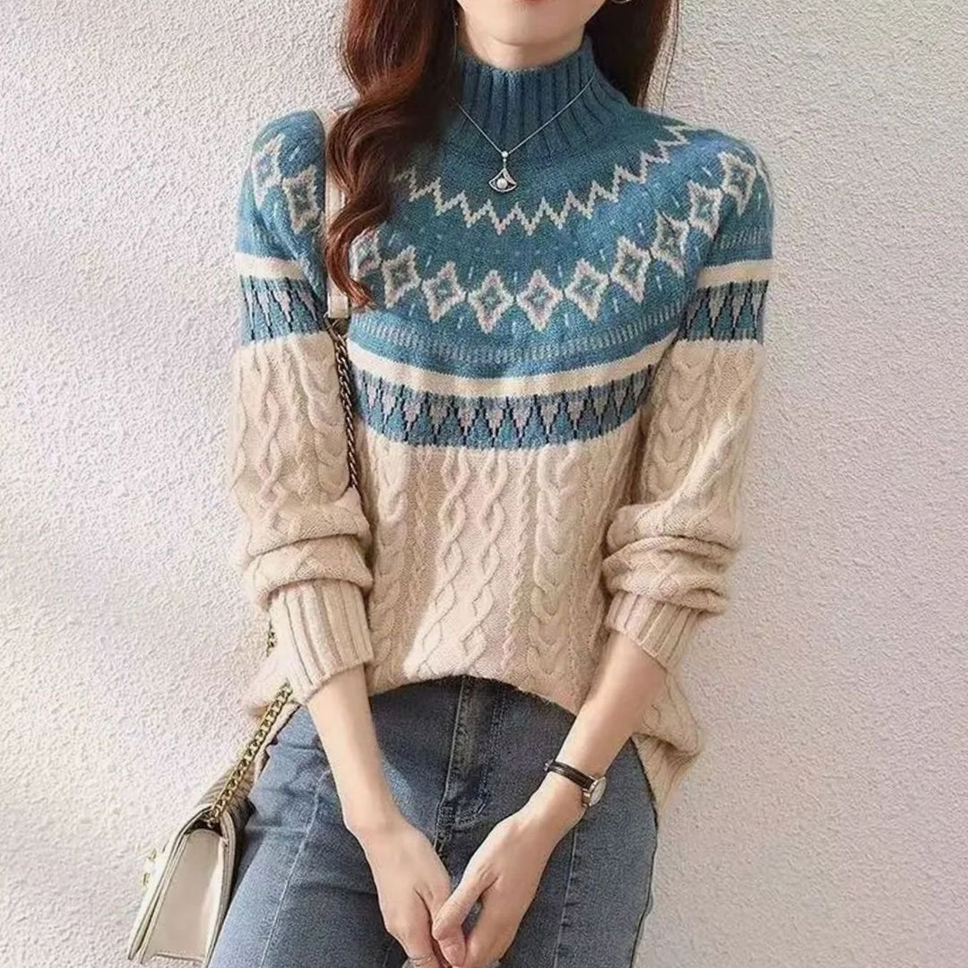Women's Fair Isle Cable-Knit Half-Turtleneck Jumper - Blue/White