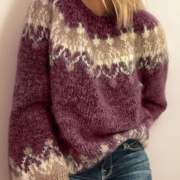 Women's Fair Isle Crew-Neck Knitted Jumper, Blue - Red