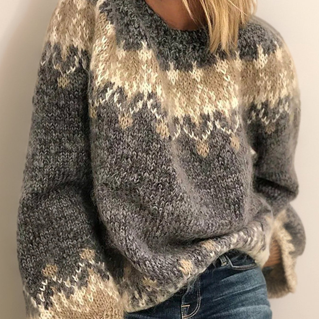 Women's Fair Isle Crew-Neck Knitted Jumper, Blue - Light Grey