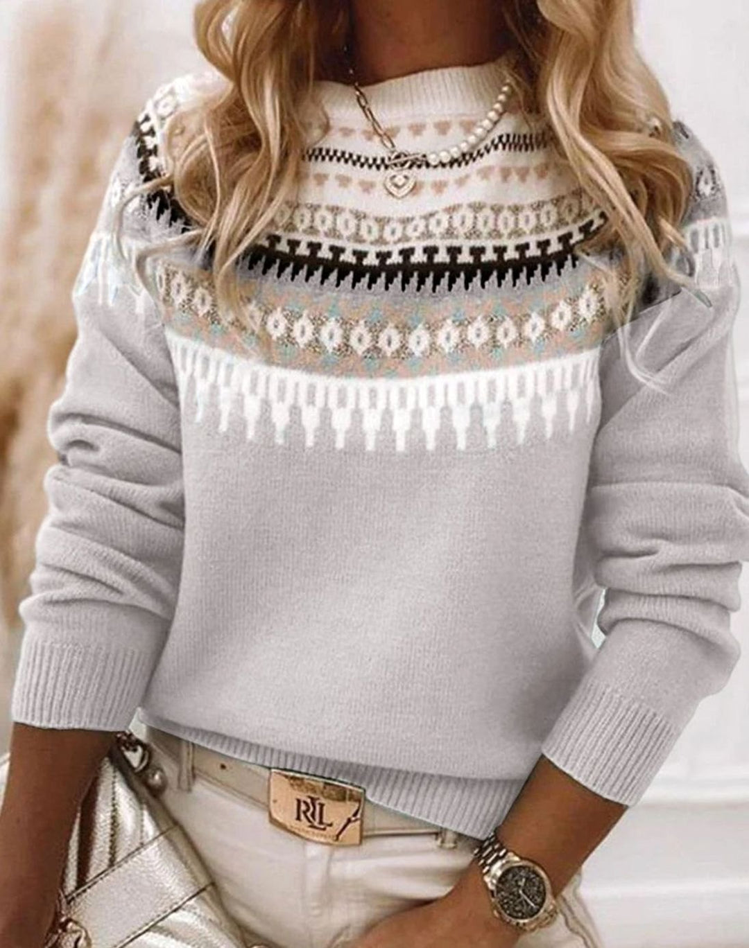 Women's Fair Isle Crew-Neck Knitted Jumper, Grey - Grey