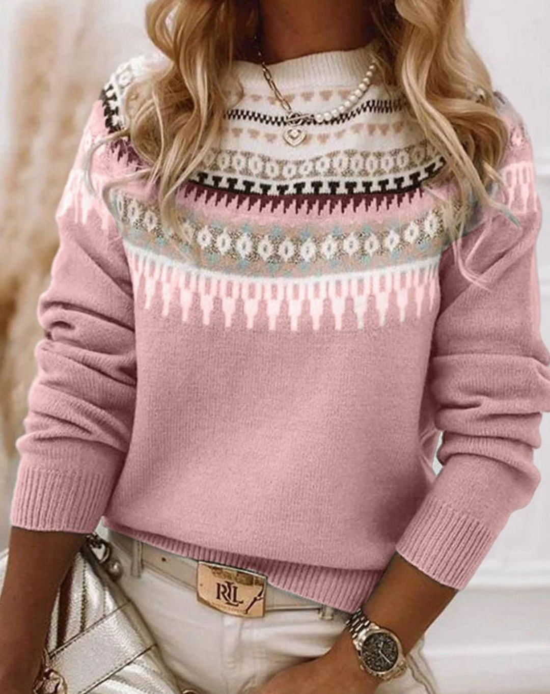 Women's Fair Isle Crew-Neck Knitted Jumper, Pink - Pink