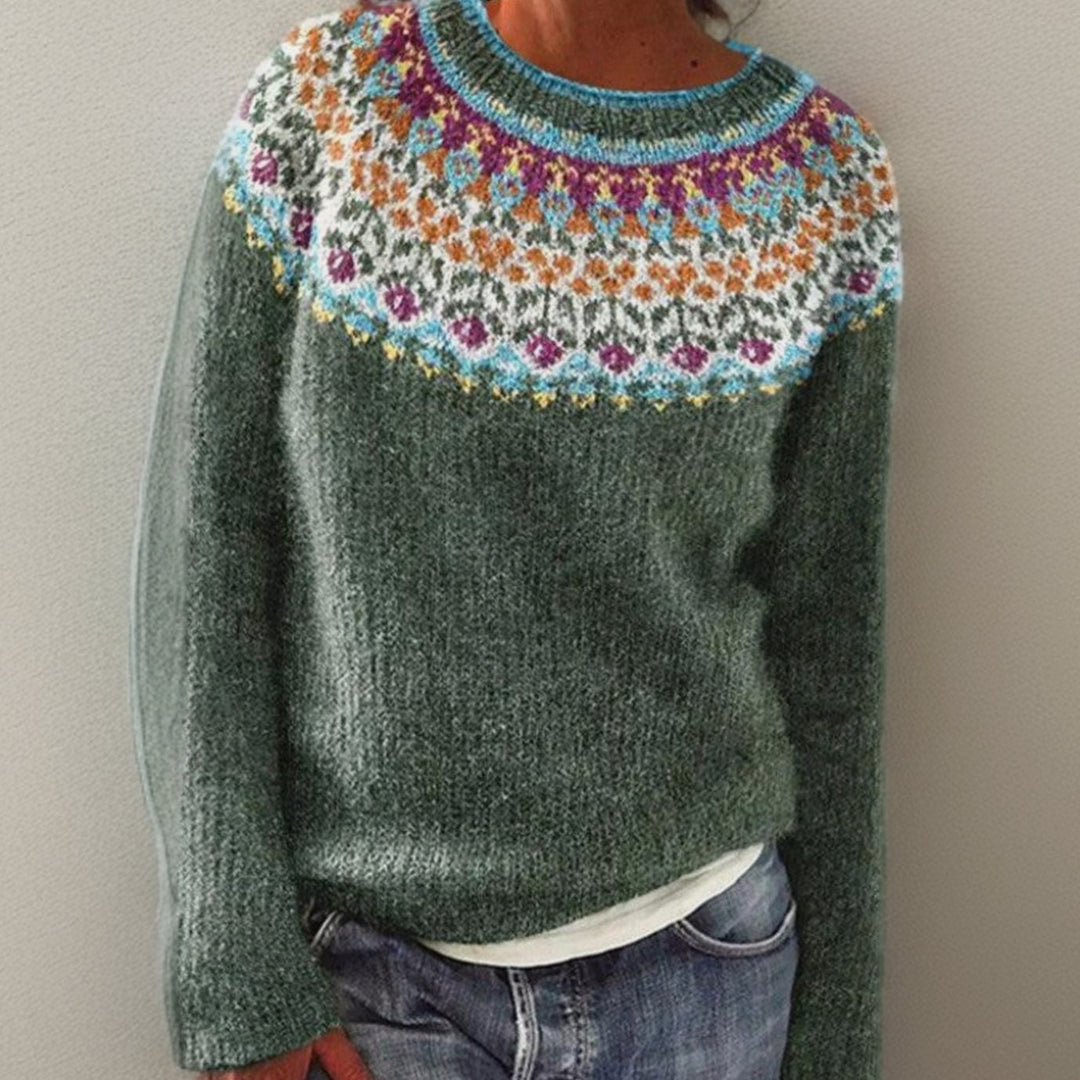 Women's Fair Isle Floral Yoke Knitted Jumper, Sage Green