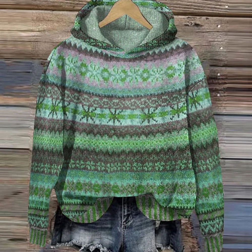Women's Fair Isle Hooded Knitted Jumper - Green